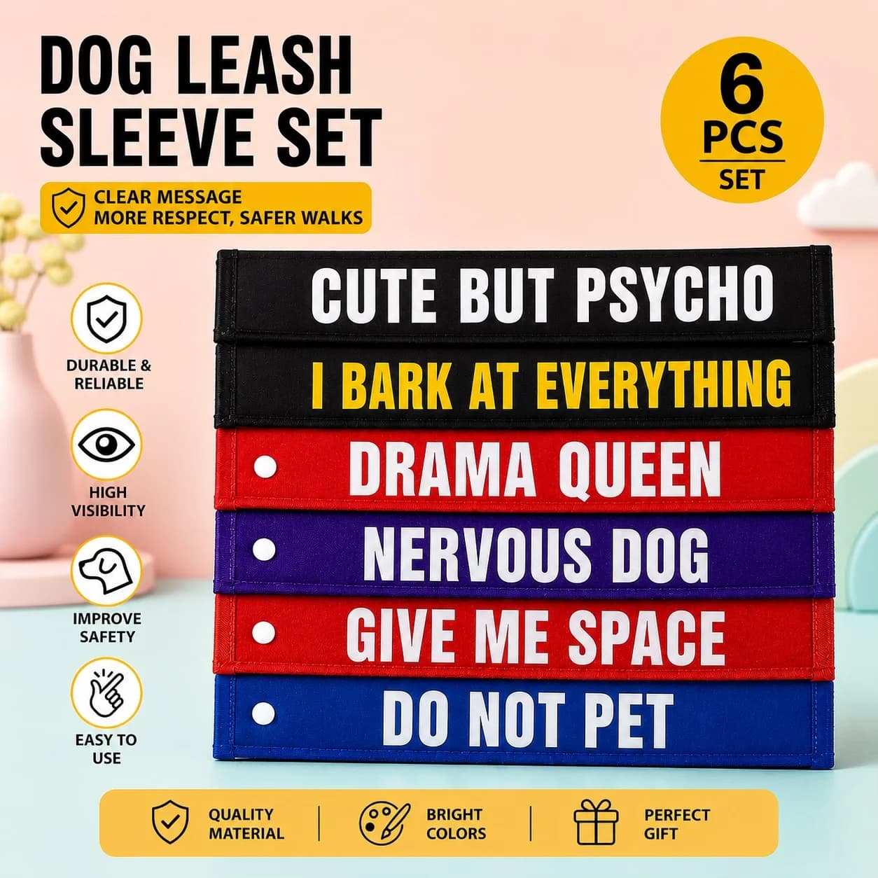 6PCS Dog Leash Sleeve Set – Do Not Pet, Nervous Dog, In Training| Warning & Funny Dog Signs for Different Situation