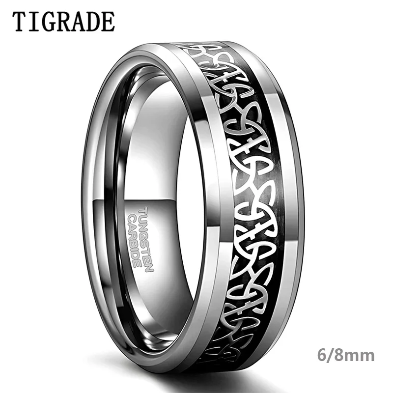 TIGRADE 6/8mm Tungsten Rings for Men Women Silver Color Celtic Knot Rings Black Carbon Fiber Inlay Wedding Bands for Him