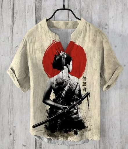 Men and Women's Spring and Summer Leisure Cat Animal Characters Anime Print Bamboo Linen Loose V-Neck Short Sleeved Shirt
