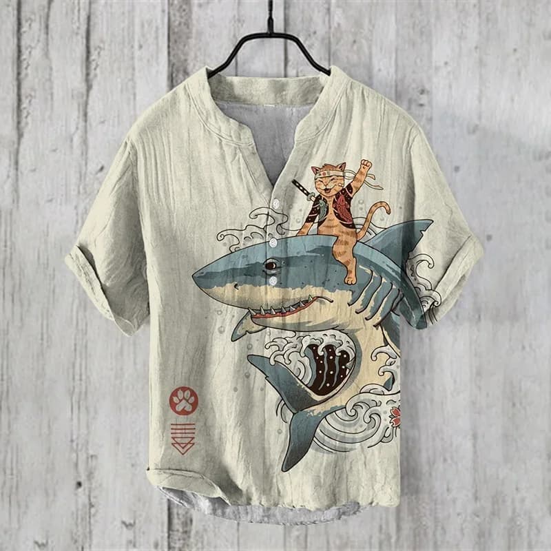 Henry Men's Casual Fashion Outdoor Seaside Men's Tops Shirt V-Neck Linen Shirt Plus Size