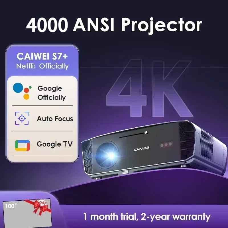 CAIWEI S7+ 4K Ultra HD Projector Video 4000 ANSI Home Theater Android for Movies Auto Focus Smart TV Beam Projectors for Outdoor