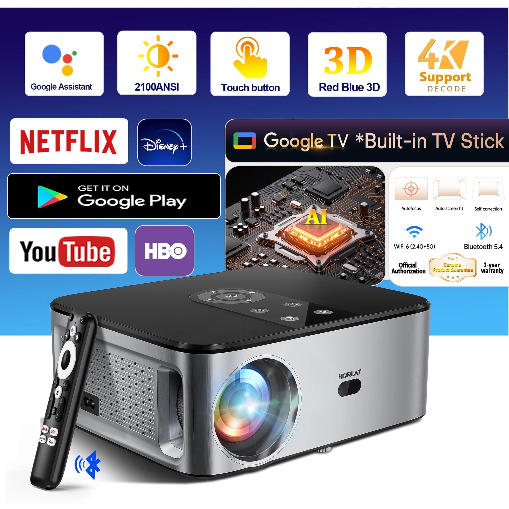 HORLAT 40000Lumenes LCD Projector 4K 8K Decode Home Theater Android 11 System 2000ANSI Full HD 1080P Video Auto Keystone 5G WiFi