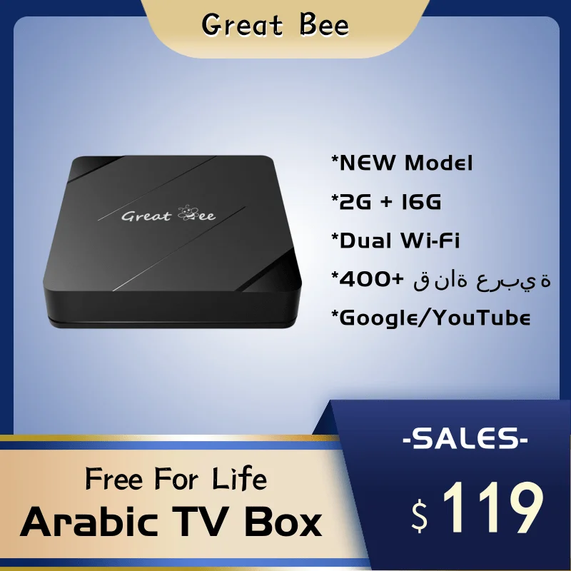 Great Bee Arabic TV Box, Greatbee Android 10 2G 16G Smart 4K Arabic Lifetime free Media Player Arab Satellite Receiver