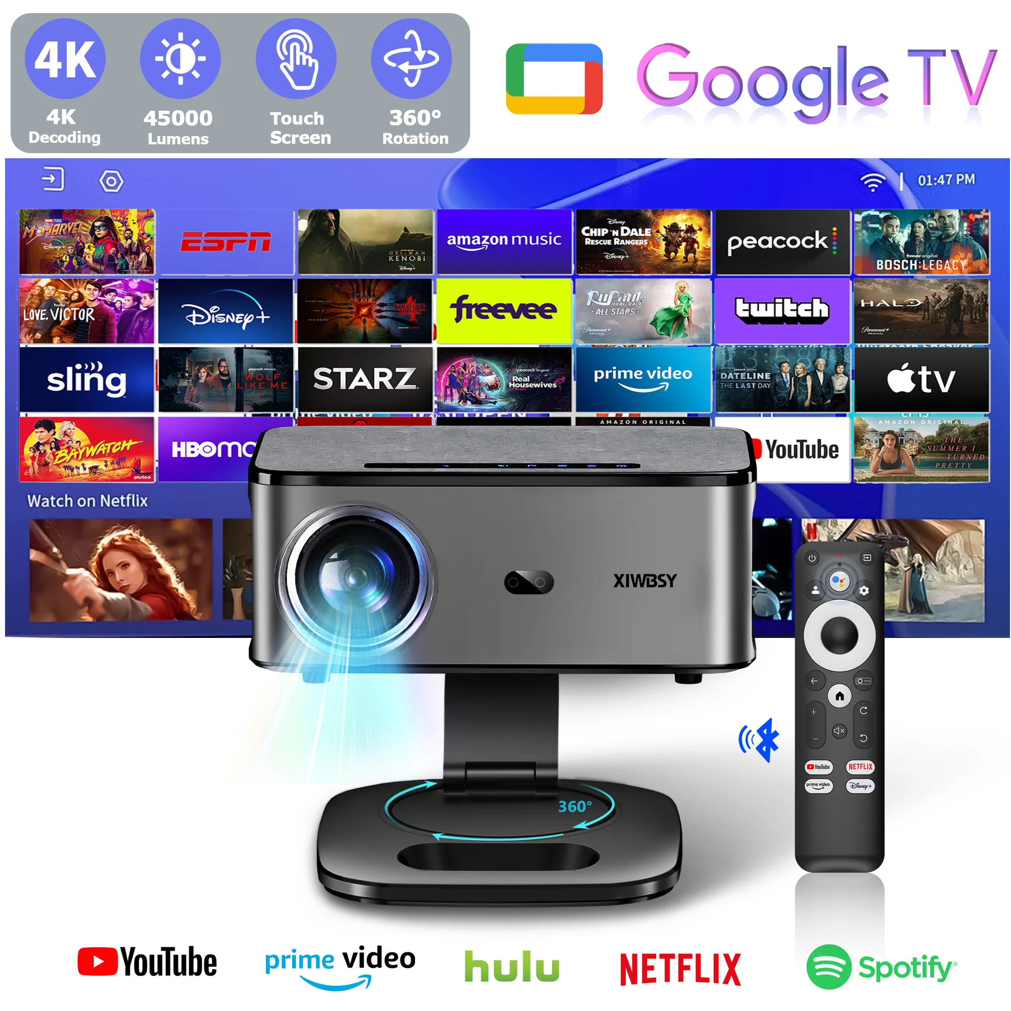 XIWBSY 45000Lumens Google TV Projector Portable Projector 4K Android 14.0 Daylight Projector 8K Video Home Theater Projector
