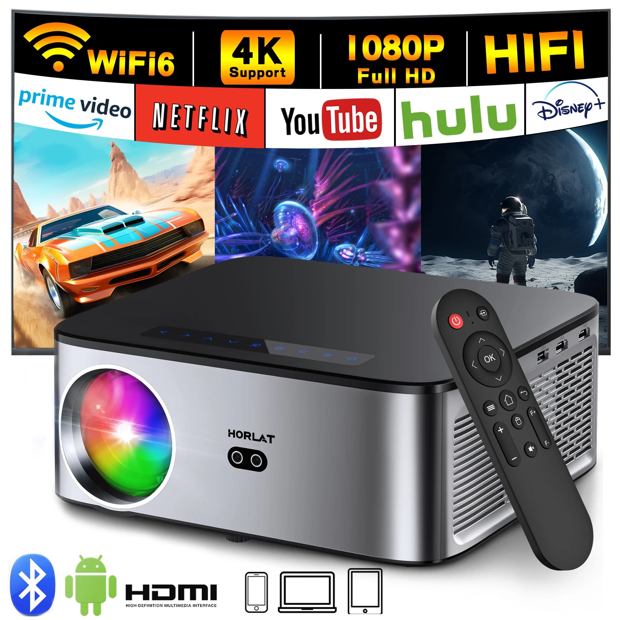 HORLAT 35000Lumenes 4K Android Projector 8K Decode Video Audio Home Theater AutoFocus Keystone 5G WiFi Portable Proyector Beamer