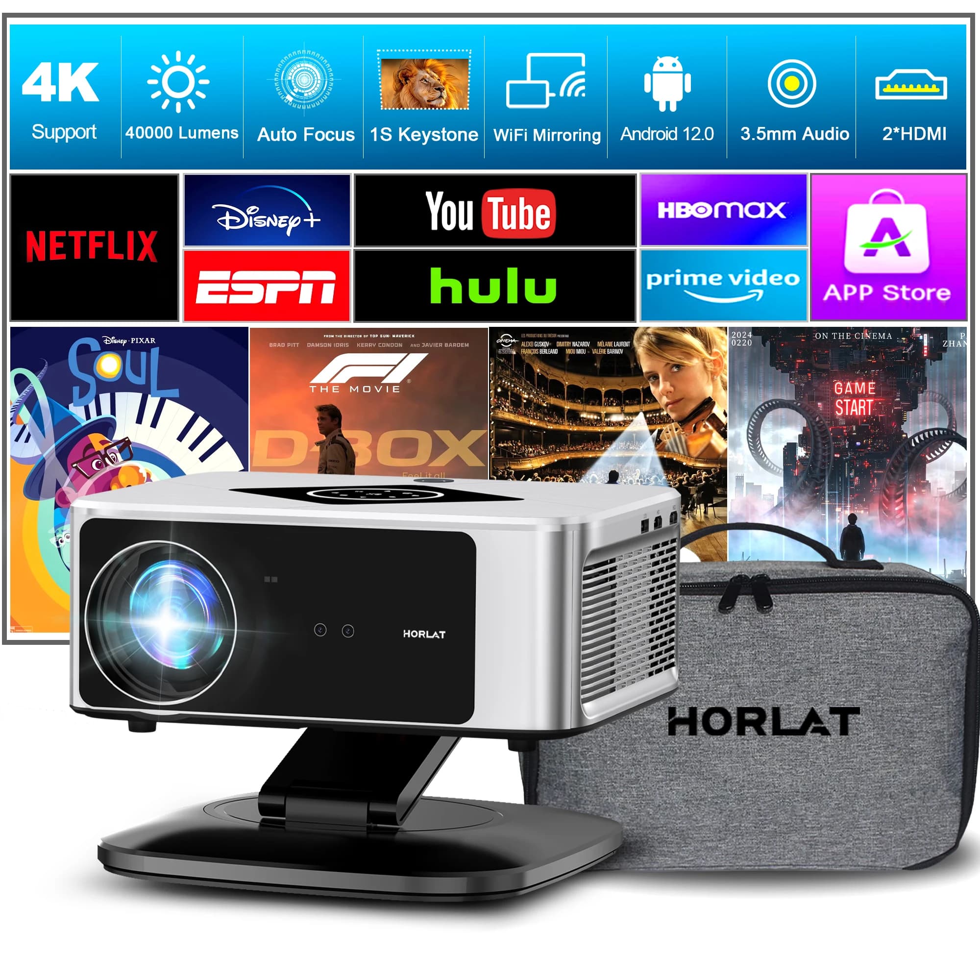 HORLAT 40000Lumens LCD Projector 3D Cinema LED Beamer Full HD 1080P 4K Video Auto Focus Keystone Home Theater 5G WiFi Proyector