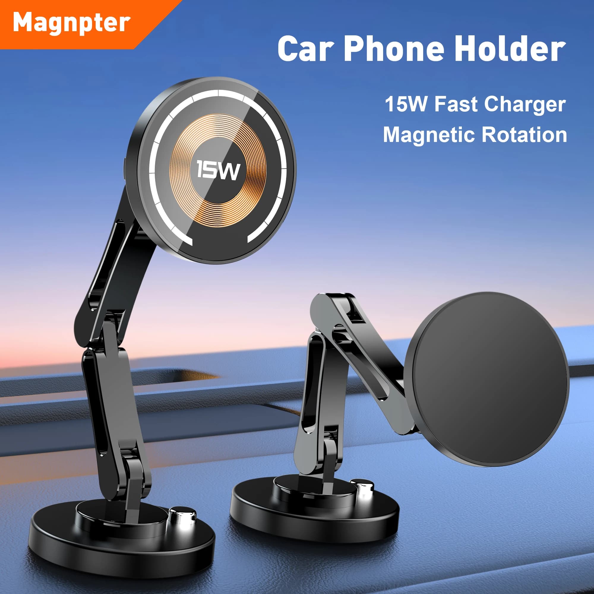 Magnetic Car Phone Holder Wireless Charger Rotation Holder Fast Charging for iPhone 16/15/14/13 Samsung Magsafe Car Phone Stand