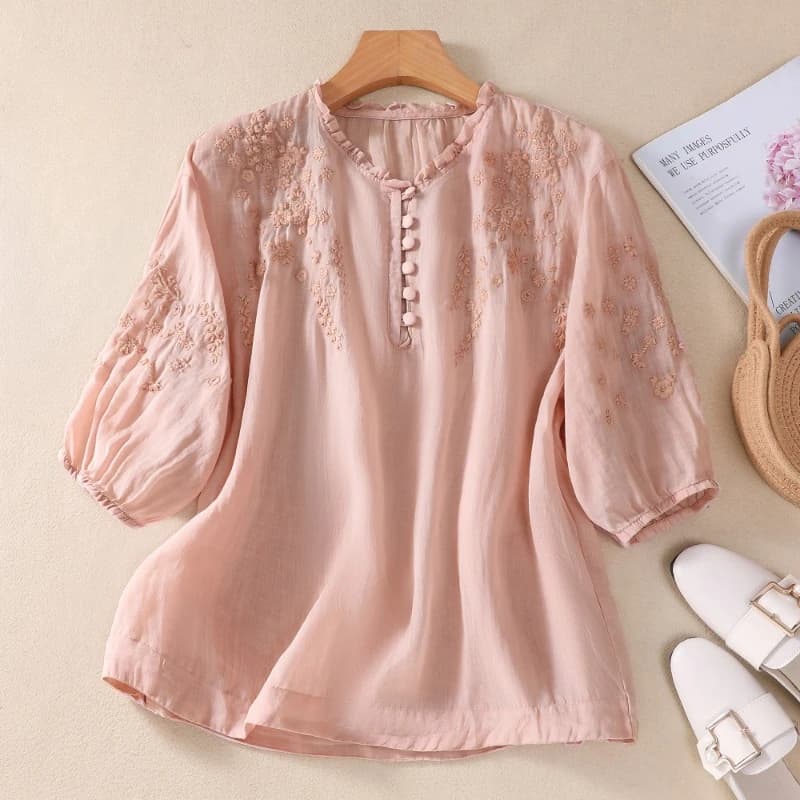 Chinese Style Women's Shirt Cotton Linen Vintage Embroidery Blouses Loose Short Women Tops Summer V-neck Clothing