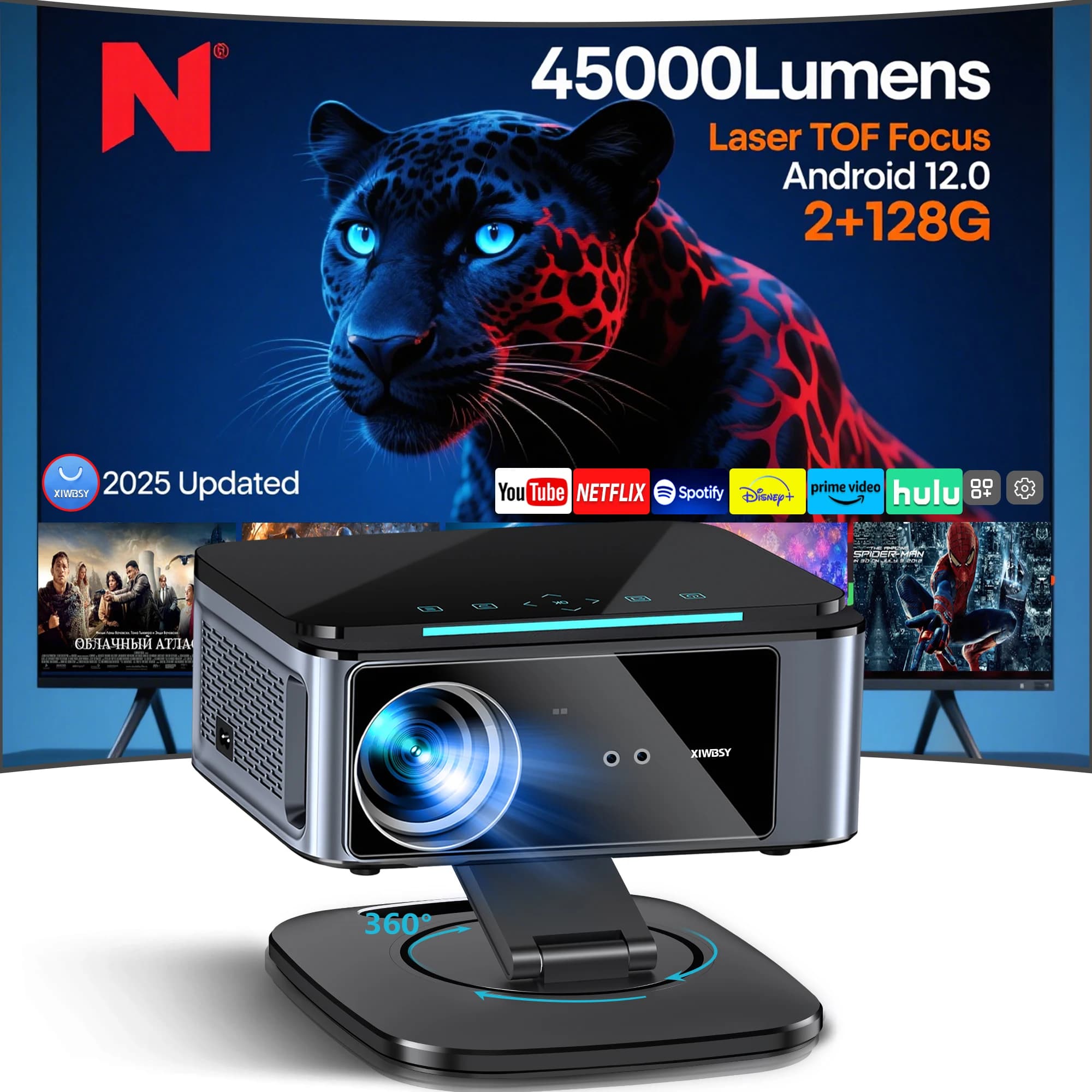 XIWBSY 2026 Laser TOF Focus Projector 45000Lumens Moive Daylight Projector Portable 4K Android 12.0 LED Projector WIFI6/20MS