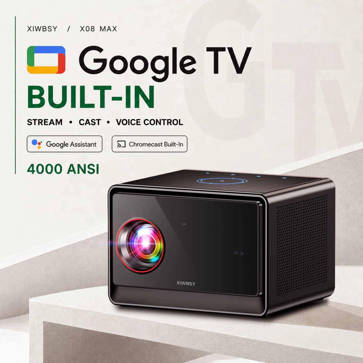 2026 XIWBSY 4K Android 14.0 Netflix Projector 4000ANSI Google TV Projector Outdoor Movie Projector Sealed Optical Projector