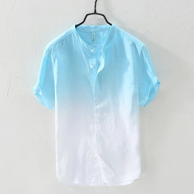 Short-Sleeved Shirt 100% Linen Cool Breathable Comfortable Healthy Material Gradient Blue Hawaiian Beach Men's Cardigan Shirt