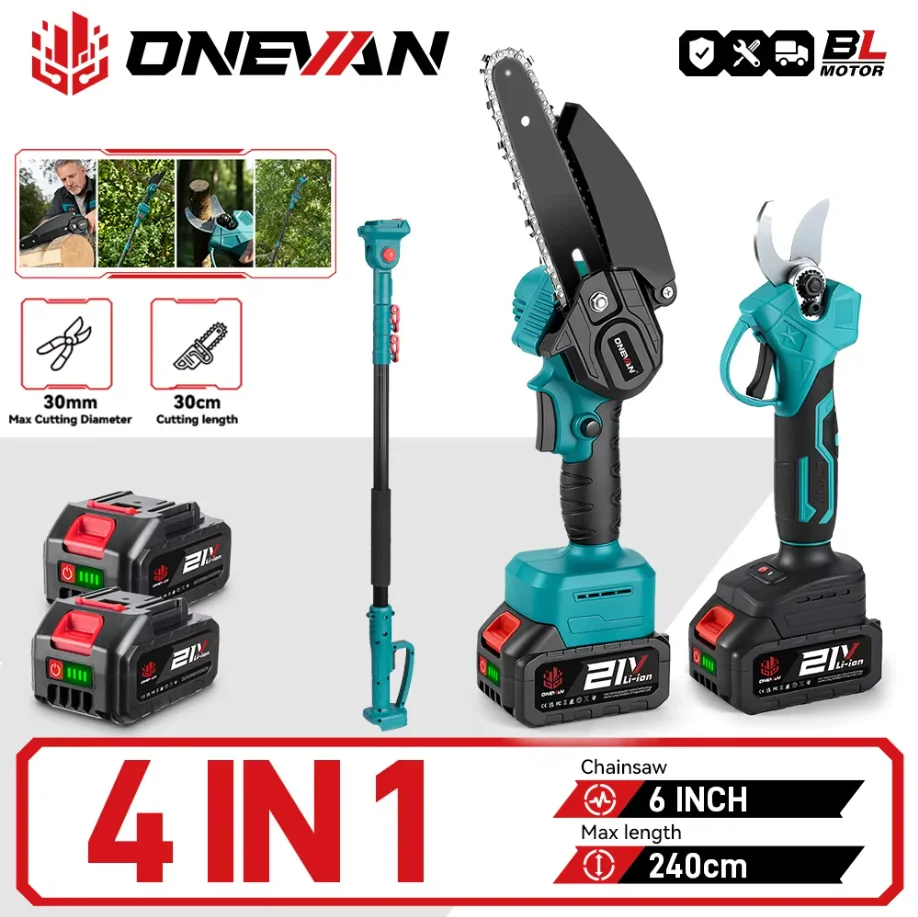 ONEVAN 4-in-1 Brushless Telescoping Electric Pole Chainsaw High Branch Scissors Garden Pruning Tool For 21V 18V Battery