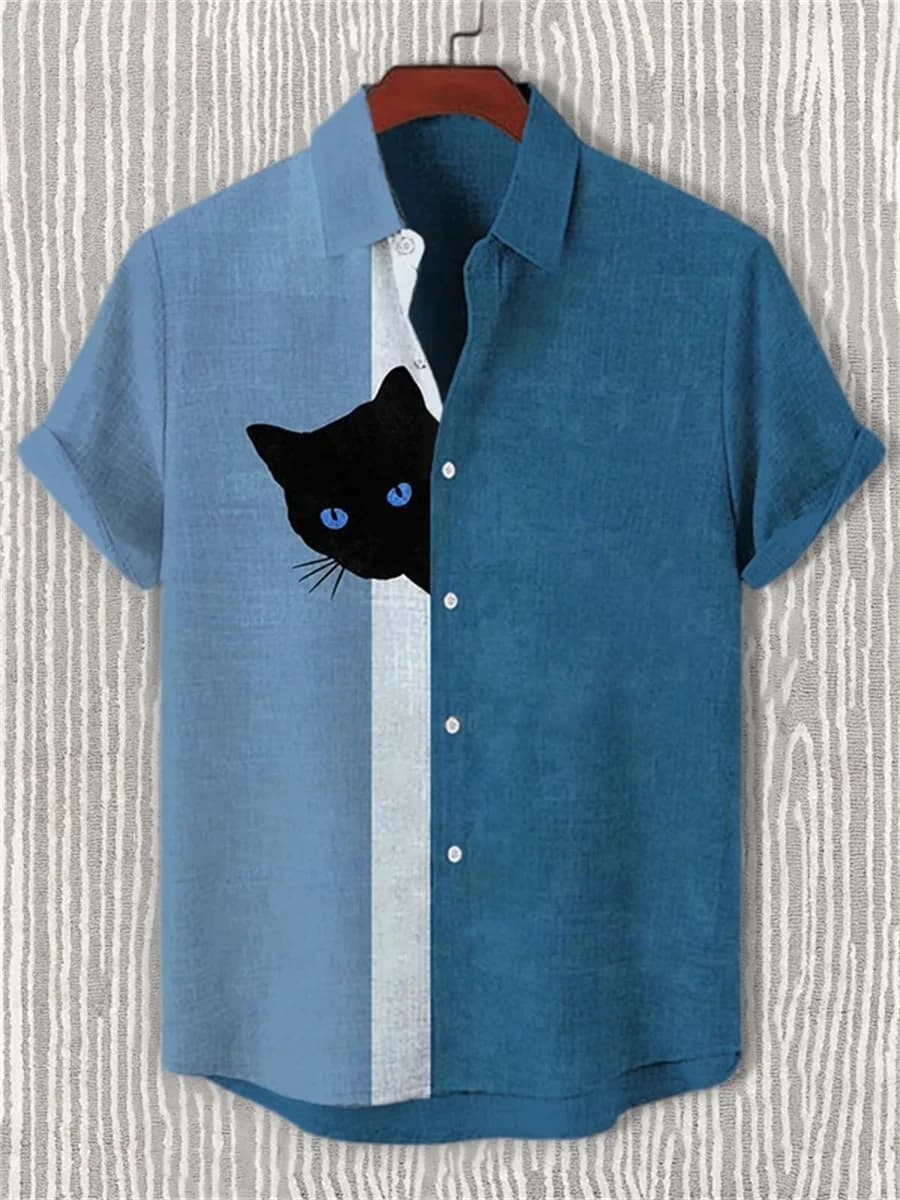 Men's blue and white color-blocked short-sleeved shirt with black cat print, collared casual outdoor vacation Hawaiian shirt.