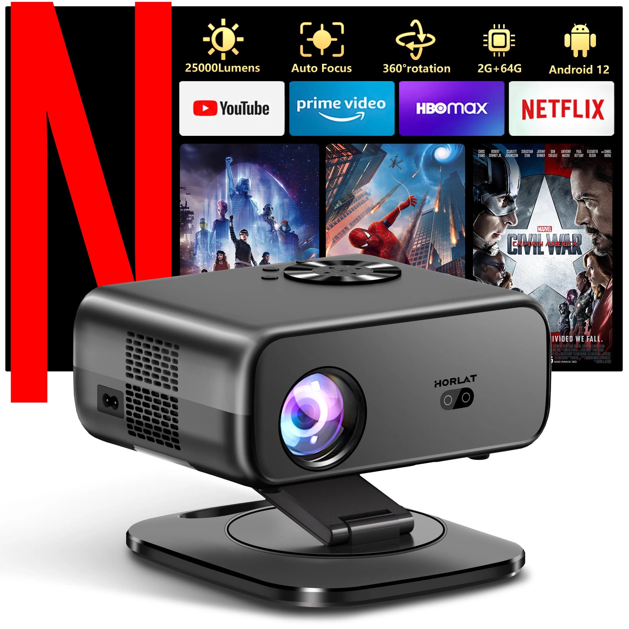HORLAT 2025 Mini Android Projector 4K Decode Projector Full HD 1080P Video 3D Home Theater Keystone 5G WiFi Portable Proyector