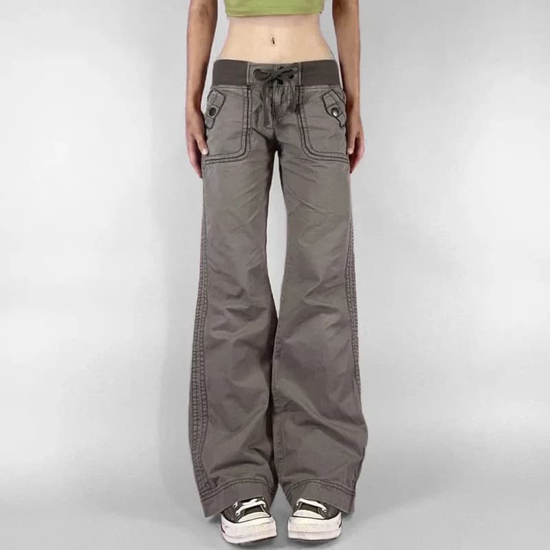 Retro Lace-up Low Rise Pants Streetwear Patchwork Loose Casual for Women Harajuku Straight Trousers Korean Fashion
