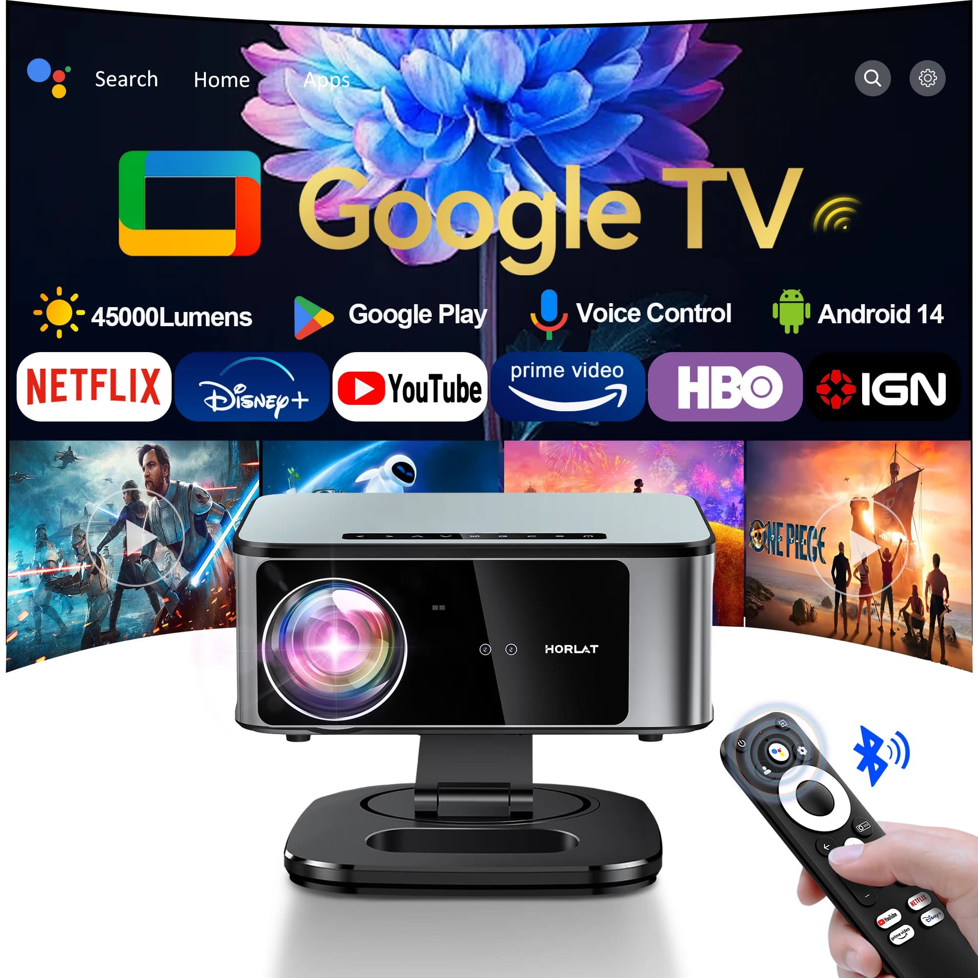 HORLAT Projector 45000Lumen Android 14 Auto Keystone 4K 8K Decode Full HD 1080P Video 3D Home Theater 5G WiFi Portable Proyector
