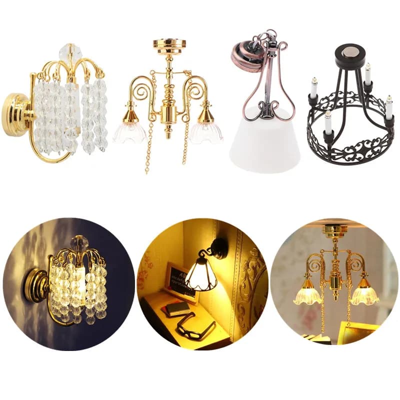 1:12 Scale Dollhouse Wall Light Vintage Miniature Chandelier Model Simulation Ceiling Lamp for Kids Doll House Furniture Decor