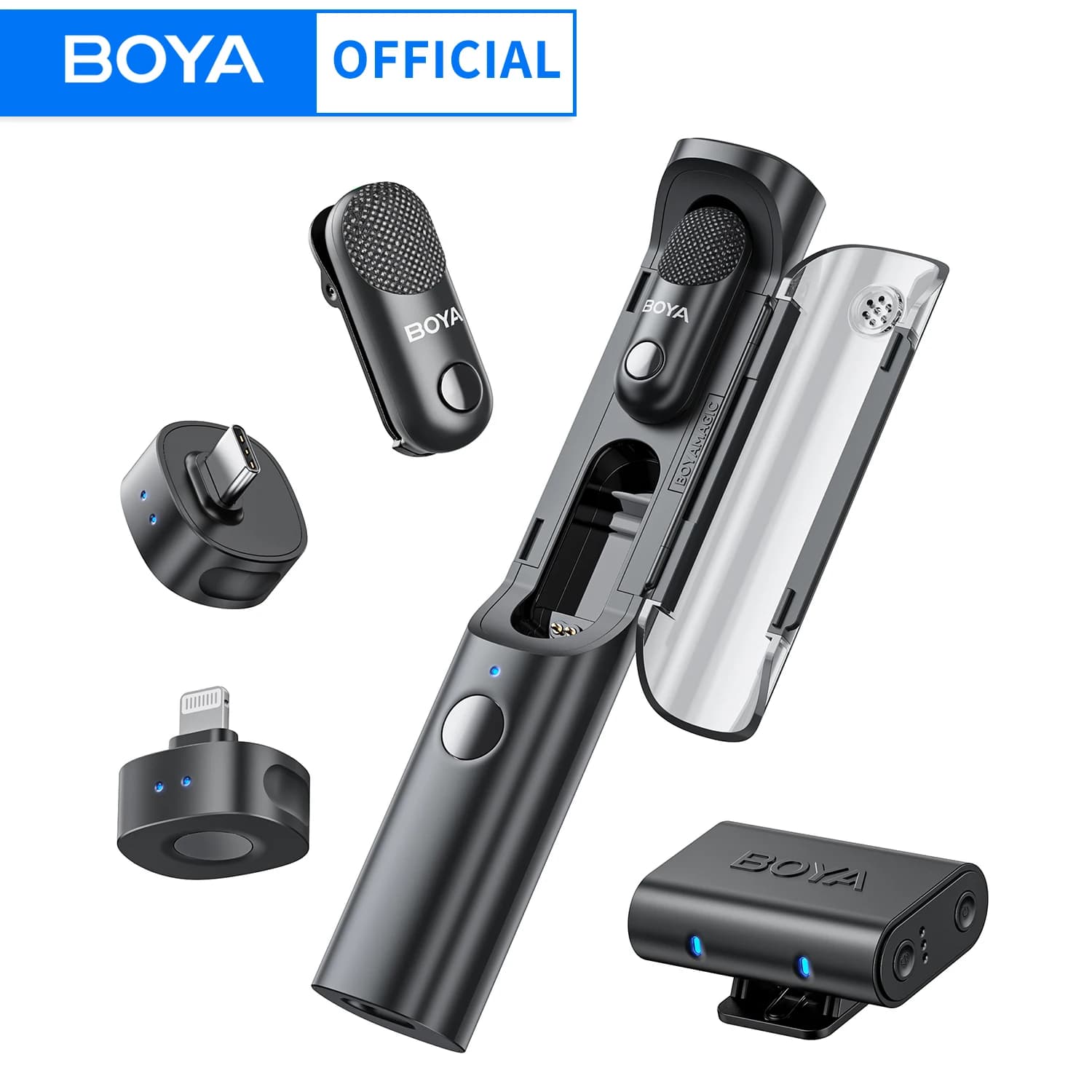 BOYA Magic Wireless Lavalier Microphone 4 Forms in 1 Mic for iPhone Android USB-C Phone Camera for Interview Live Streaming
