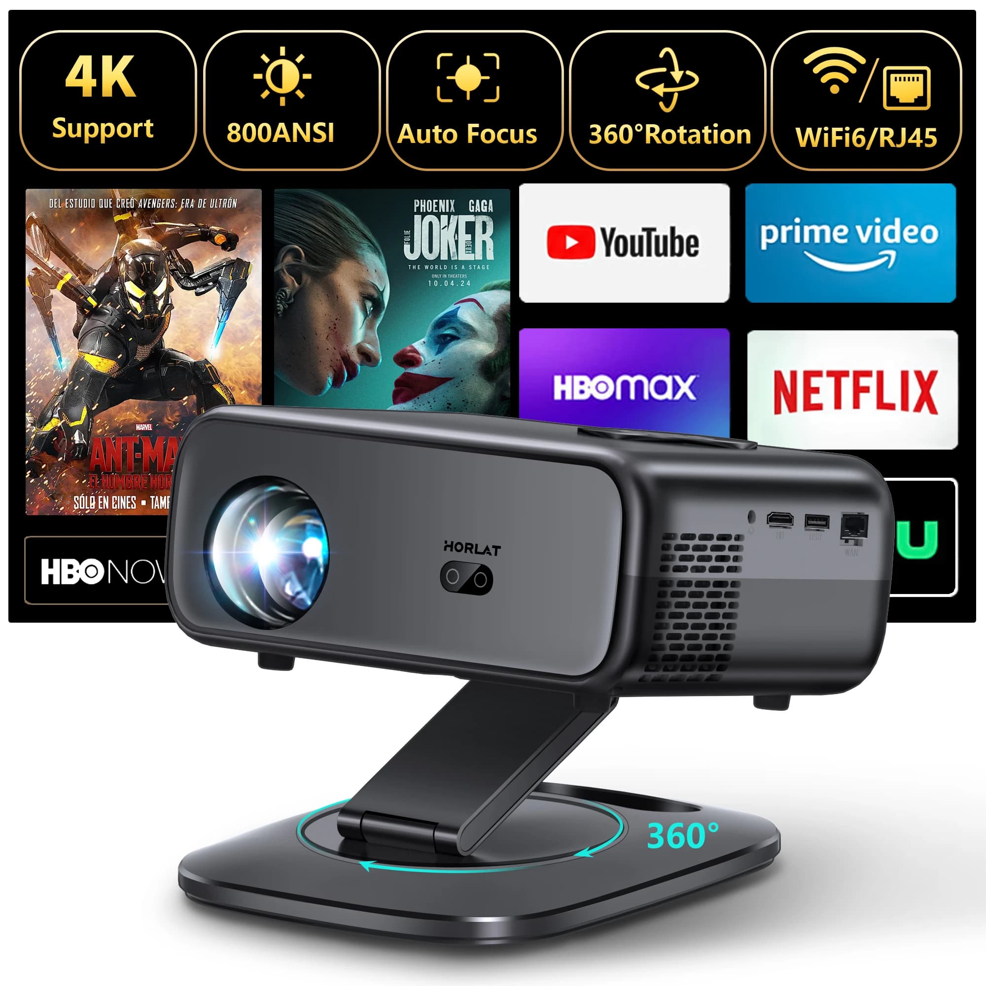 HORLAT M4 25000Lumens Portable Proyector Android12 Mini Projector 4K 64G Auto Focus Keystone Full HD 1080P 3D Home Theater WiFi6
