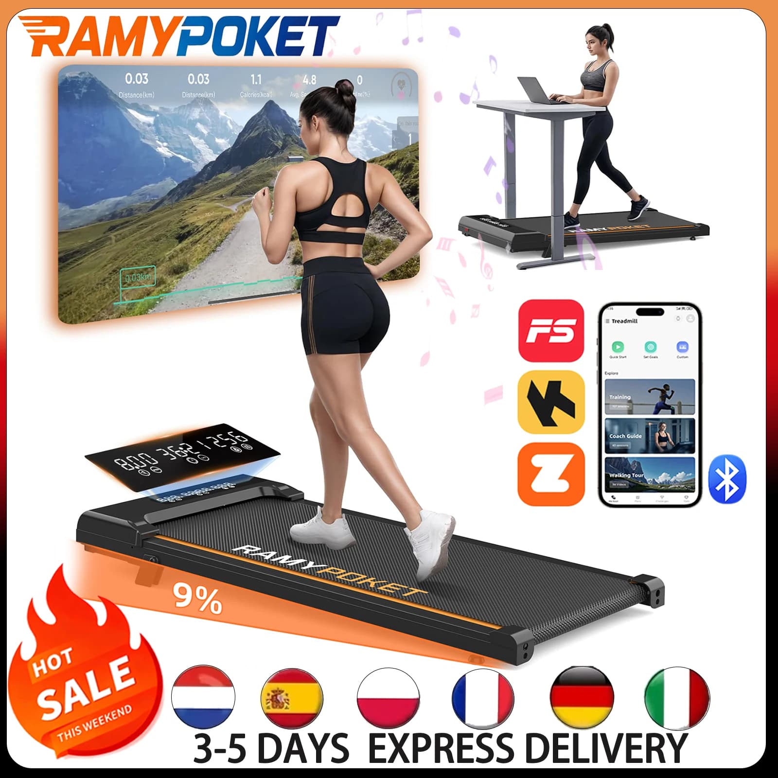 RAMYPOKET treadmill, 9% incline, very quiet, app-controlled