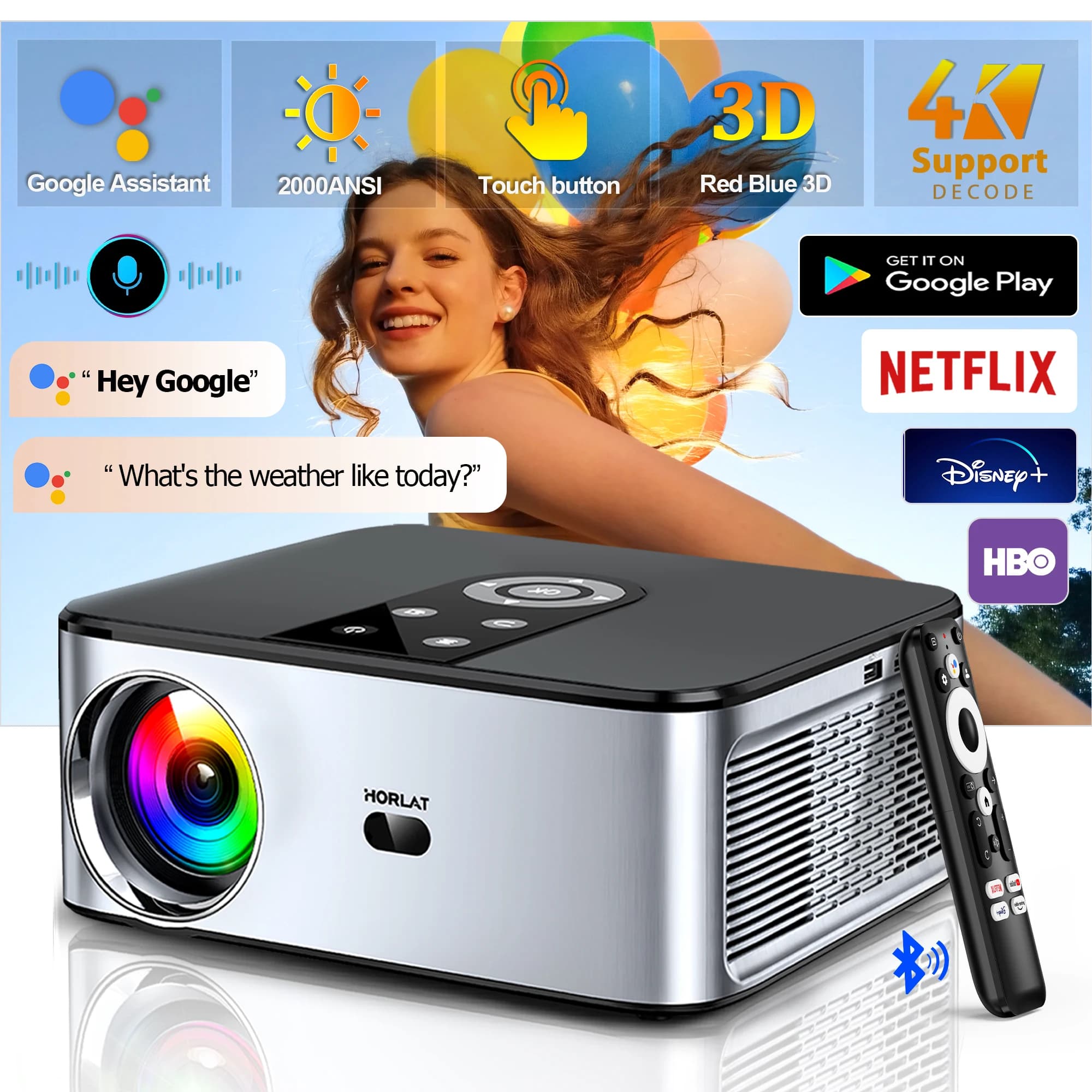 HORLAT T03 40000 Lumens Android 11 Beamer 4K Projector Outdoors Full HD 1080P 8K 3D Video Audio Home Theater Auto Focus Keystone