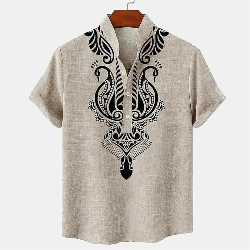Men's shirt ethnic style 3D printing henley shirt, men's fashion button down collar short sleeve, high quality men's tops