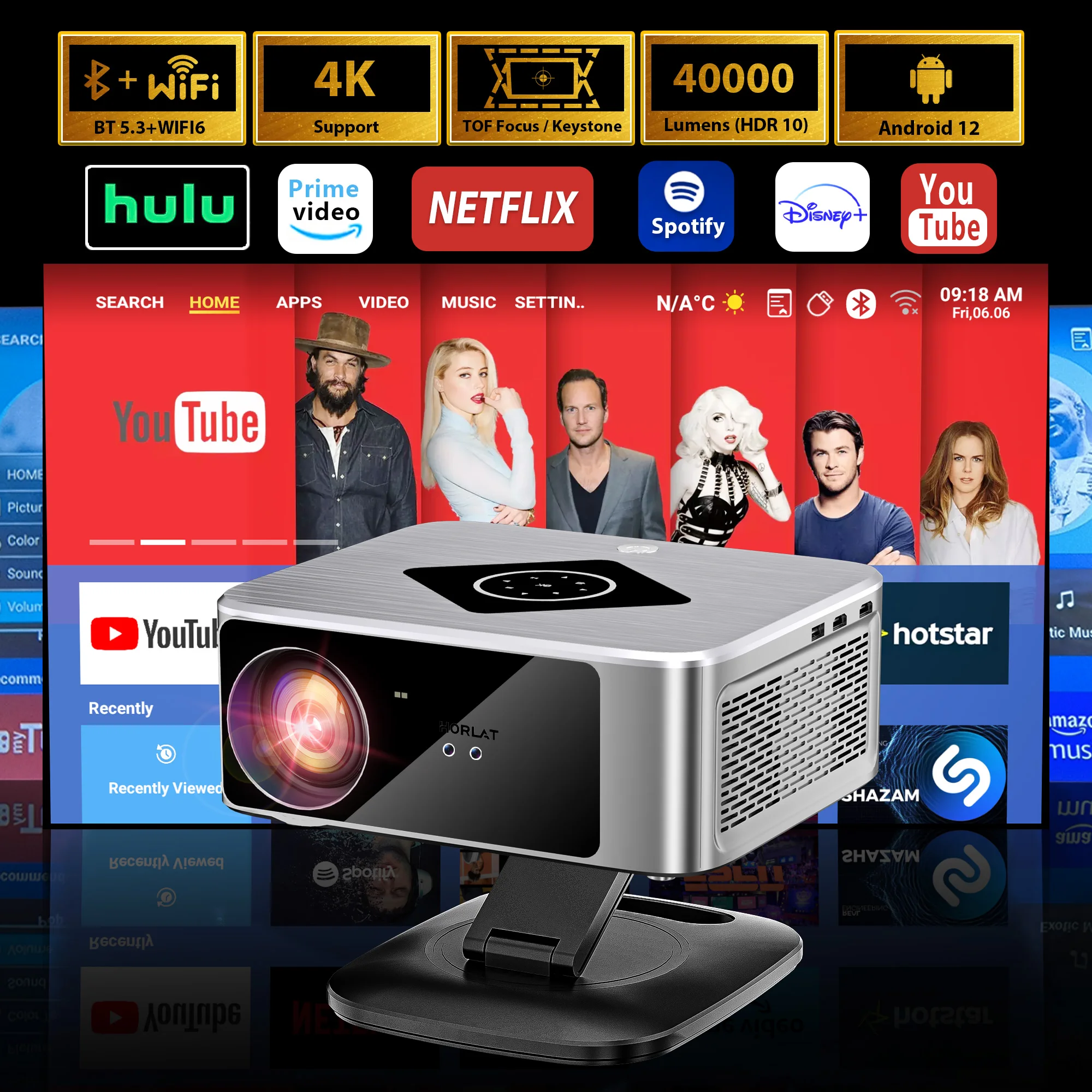 HORLAT Projector 40000Lumens Android TV Full HD 1080P Projector 4K Support WiFi 6 Home 3D Theater Beamer Outdoor Projector HDR10