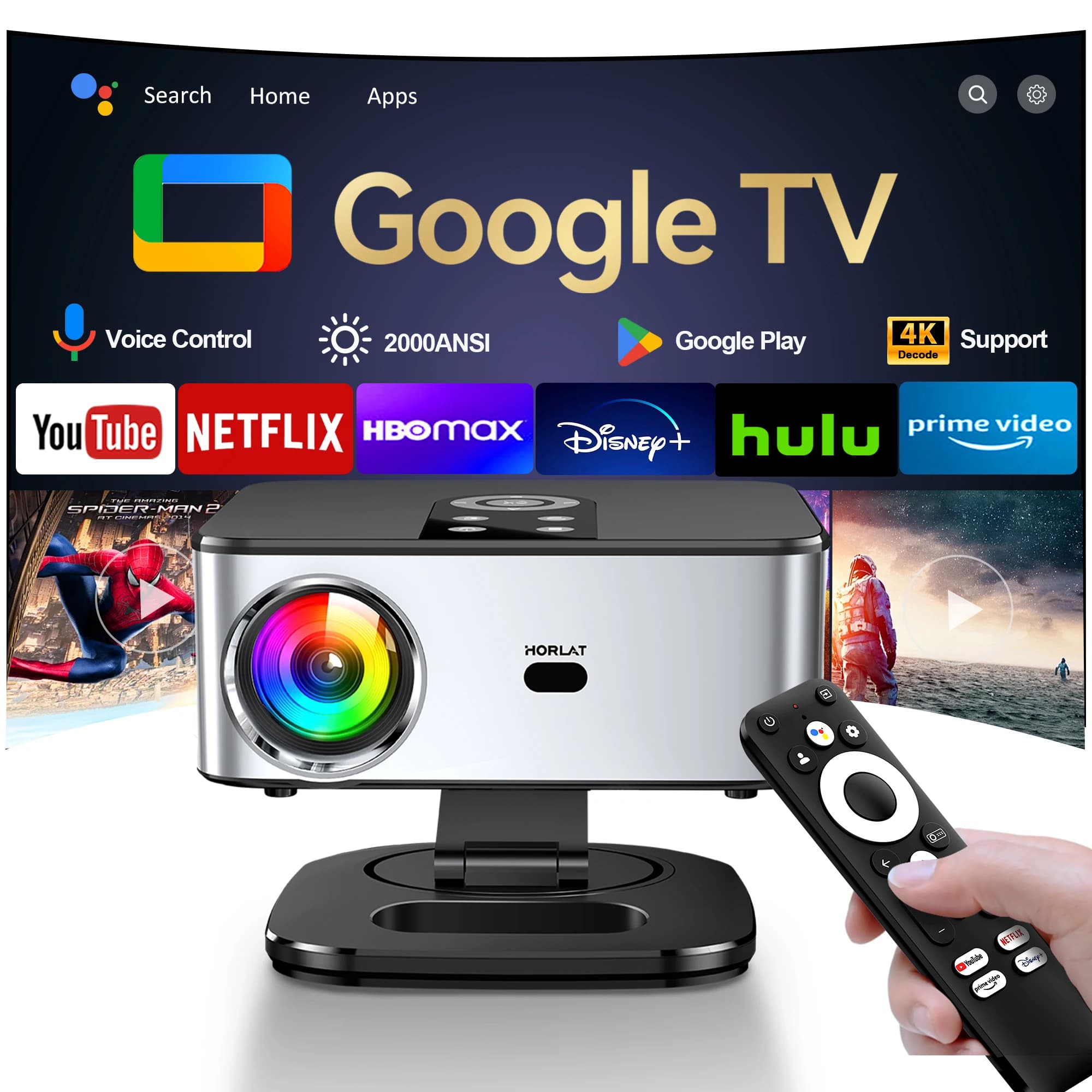 HORLAT T03MAX Google TV Projector Full HD 1080P Android Beamer 2000ANSI Lumens WiFi 6 3D 4K Support Smart Home Theater Projector