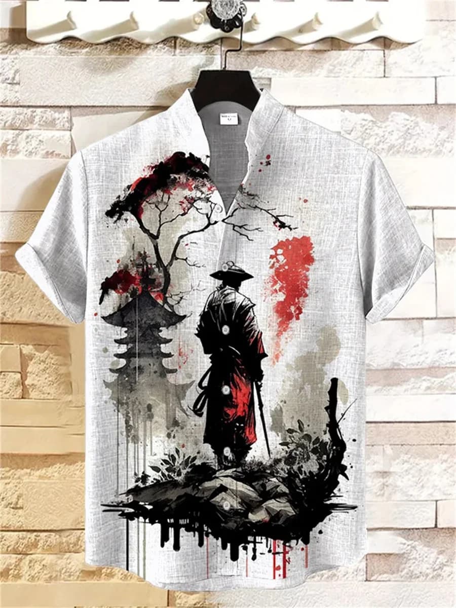 Men's short-sleeved shirt with samurai print and stylish ink painting design, summer casual men's top, trendy retro streetwear.
