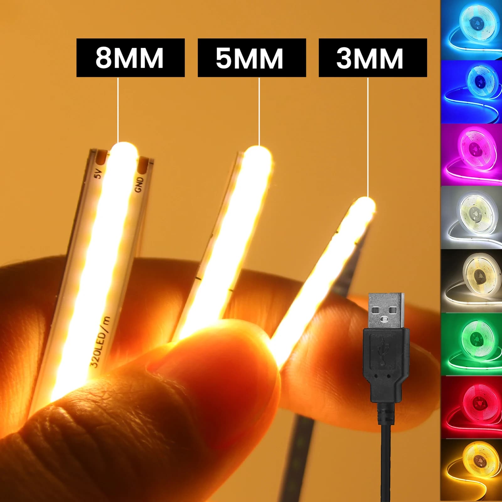 DC 5V USB COB Strip 3 mm