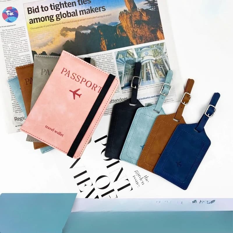 RFID Passport Holder and Luggage Tag Set, PU Leather Travel Wallet Card Organizer, Anti-Theft ID Document Case