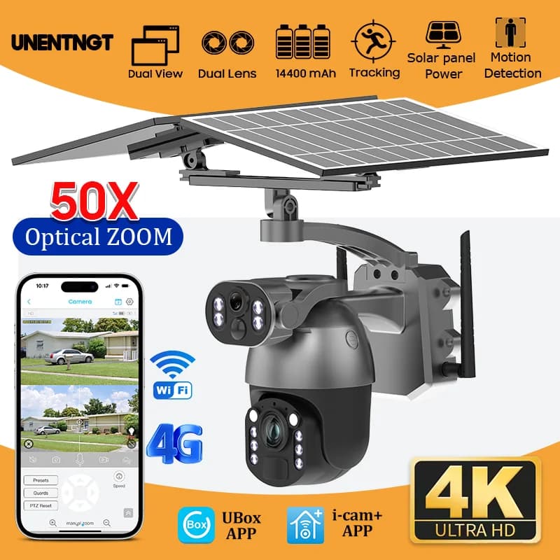 UNENTGT 4K 50X Optical Zoom Solar Wireless Security Camera Dual Lens Video Record PTZ Outdoor Cam 4G SIM/WIFI Color Night Vision