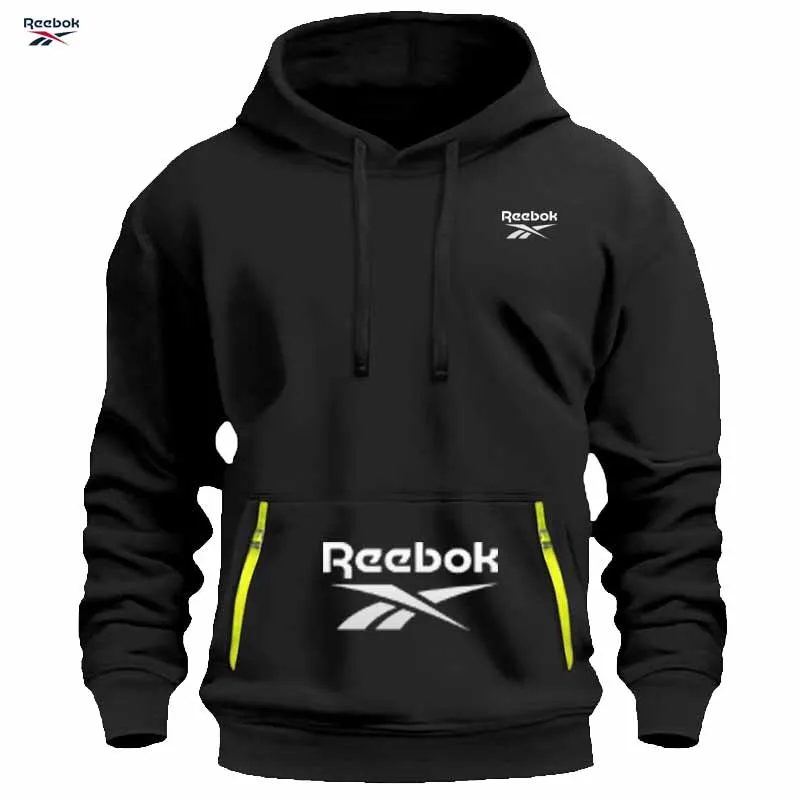 Reebok Men's Sports Sweatshirt, Loose and Casual, Pullover Hooded Shirt, Plain Color with Multiple Pockets Design, Simple and Li
