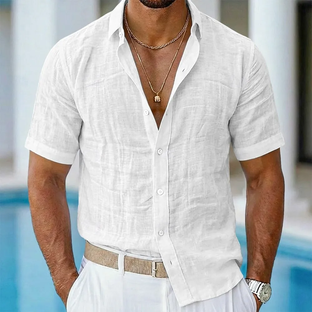 Men's solid color linen short sleeved shirt, simple and comfortable, daily casual wear, 14 colors