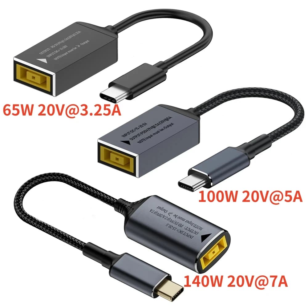 65W 100W 140W USB C Fast Charging Converter Cable for Lenovo Laptop Charger DC Jack Square Plug To Type-C 5V/9V/20V PD Adapter