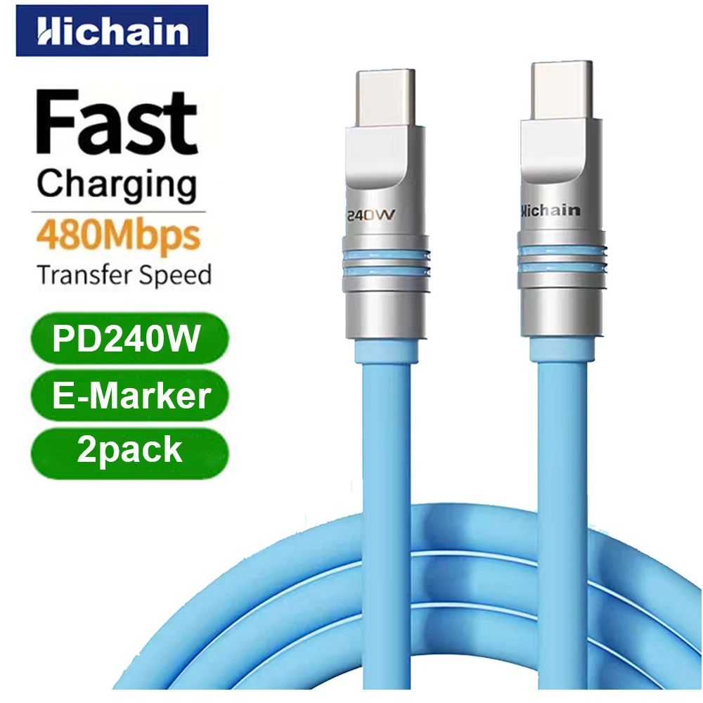 Hichain 2pack USB C To Type C Fast Charging Cable PD240W Liquid Silicone Zinc Alloy Soft C Cable For iphone Laptop Tablets