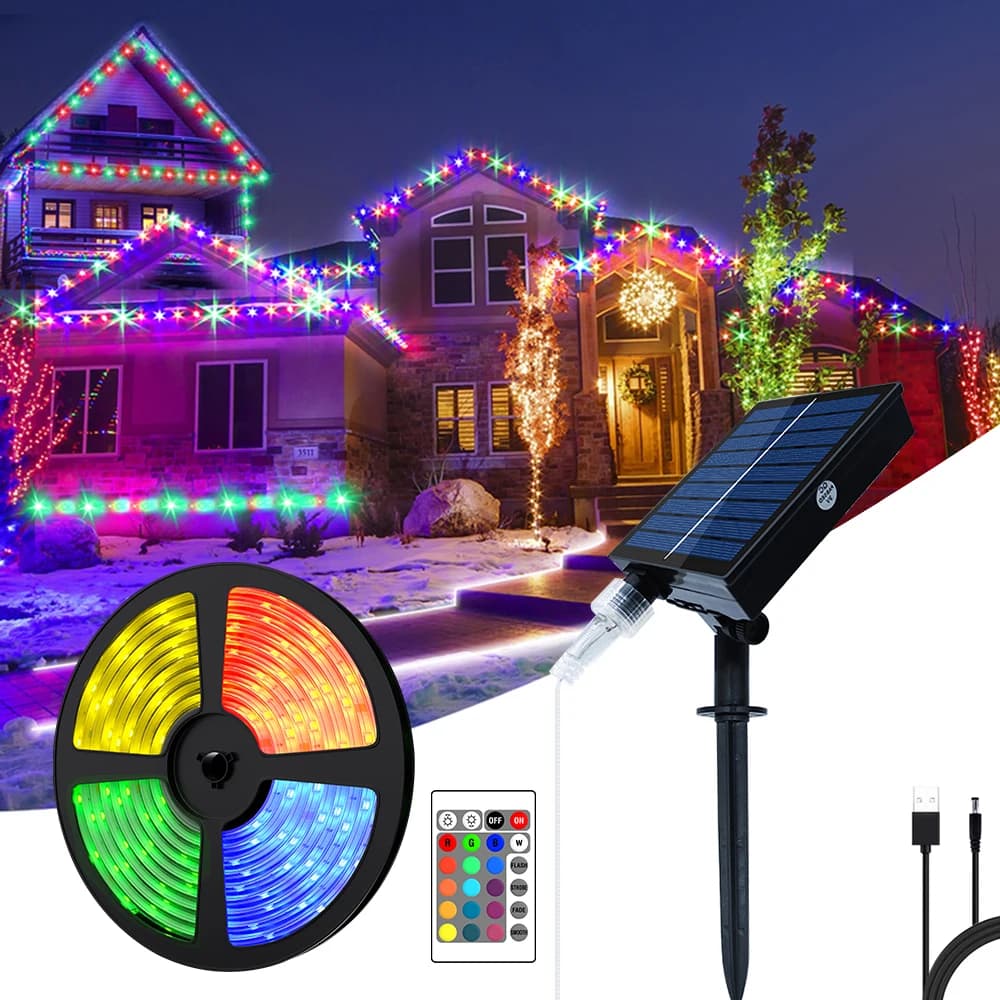 Solar 5050 RGB light strip outdoor LED color decorative string light 5M 10M street garden waterproof Christmas atmosphere light.