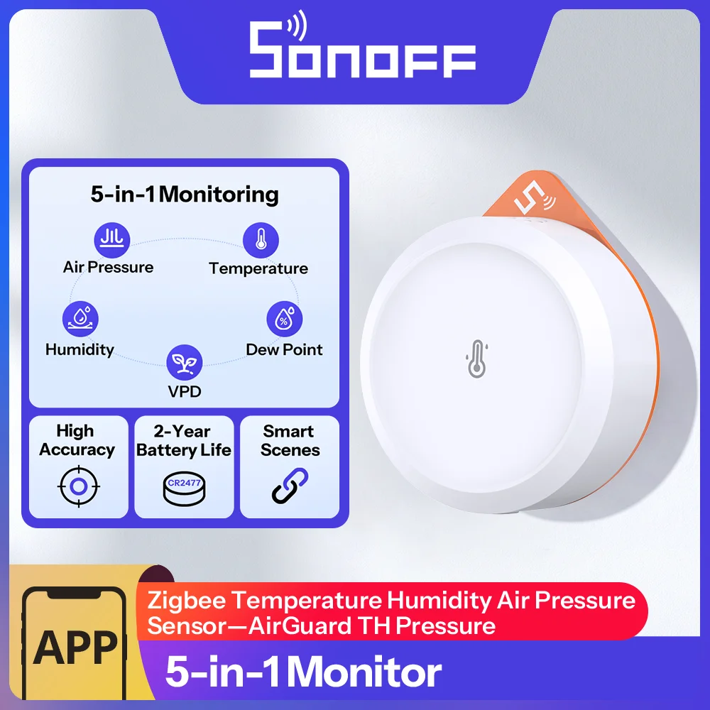 Sonoff Air Pressure Sensor Zigbee Temperature Humidity Barometric Smart Home Indoor Weather Monitor APP Alert Office SNZB-02M