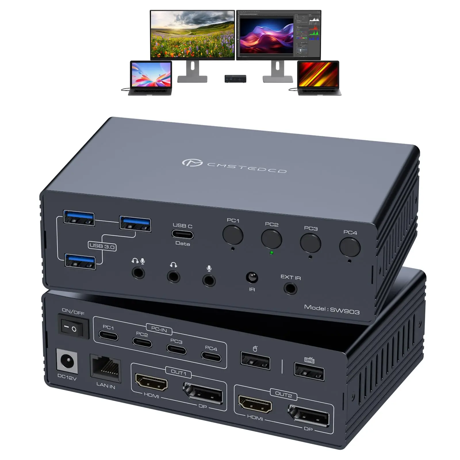 2025 KVM Switch 2 Monitors 4/3/2 PCs Docking Station 4K60Hz Thunderbolt KVM with Displaylink Support USB3.0/USB C in DP/HDMI Out