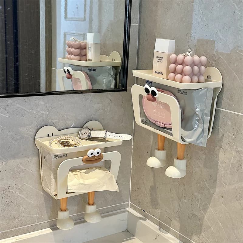 Cute Cartoon Wall-Mounted Wet Wipes Box Cream-Colored No-Drill Bathroom Tissue Holder Storage Rack for Home Organization
