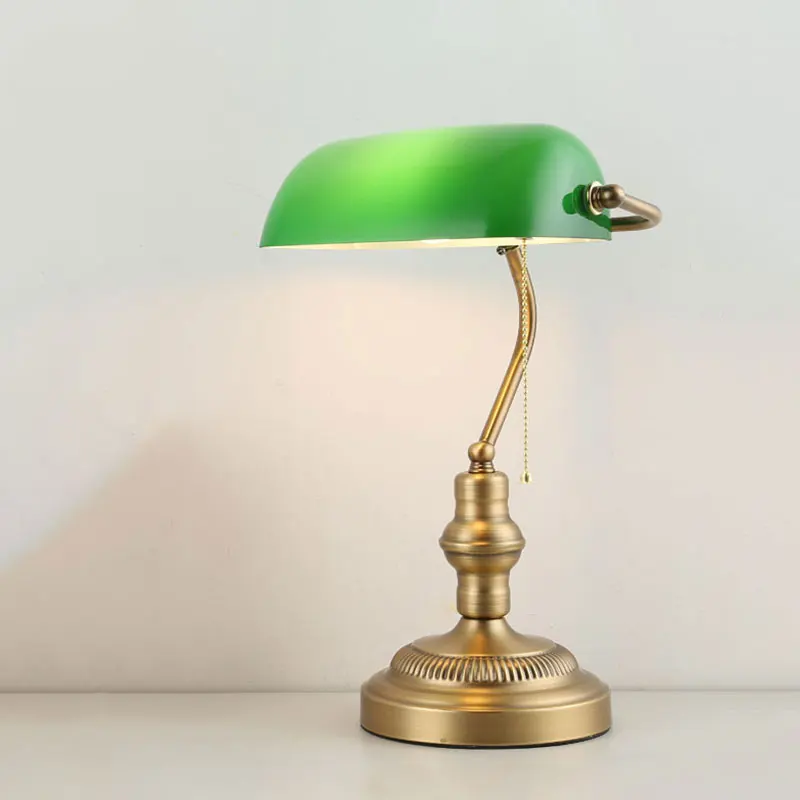 Vintage Bank Office Desk Lamp European Glass Desk Lamp Antique Copper Living Room Bedroom Decor Bedside Table Lamp