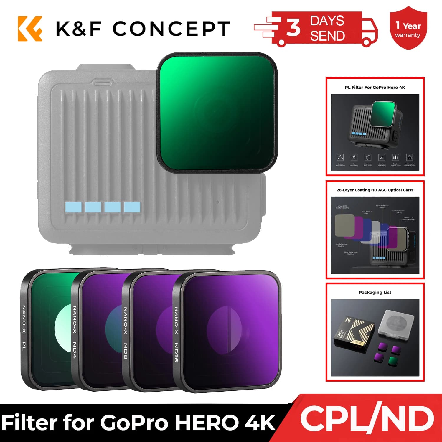 K&F CONCEPT Action Camera Filter Set for GoPro HERO 4K Multi-Coated HD CPL ND4 ND8 ND16 Circular Polarizing Drone Lenses Filters