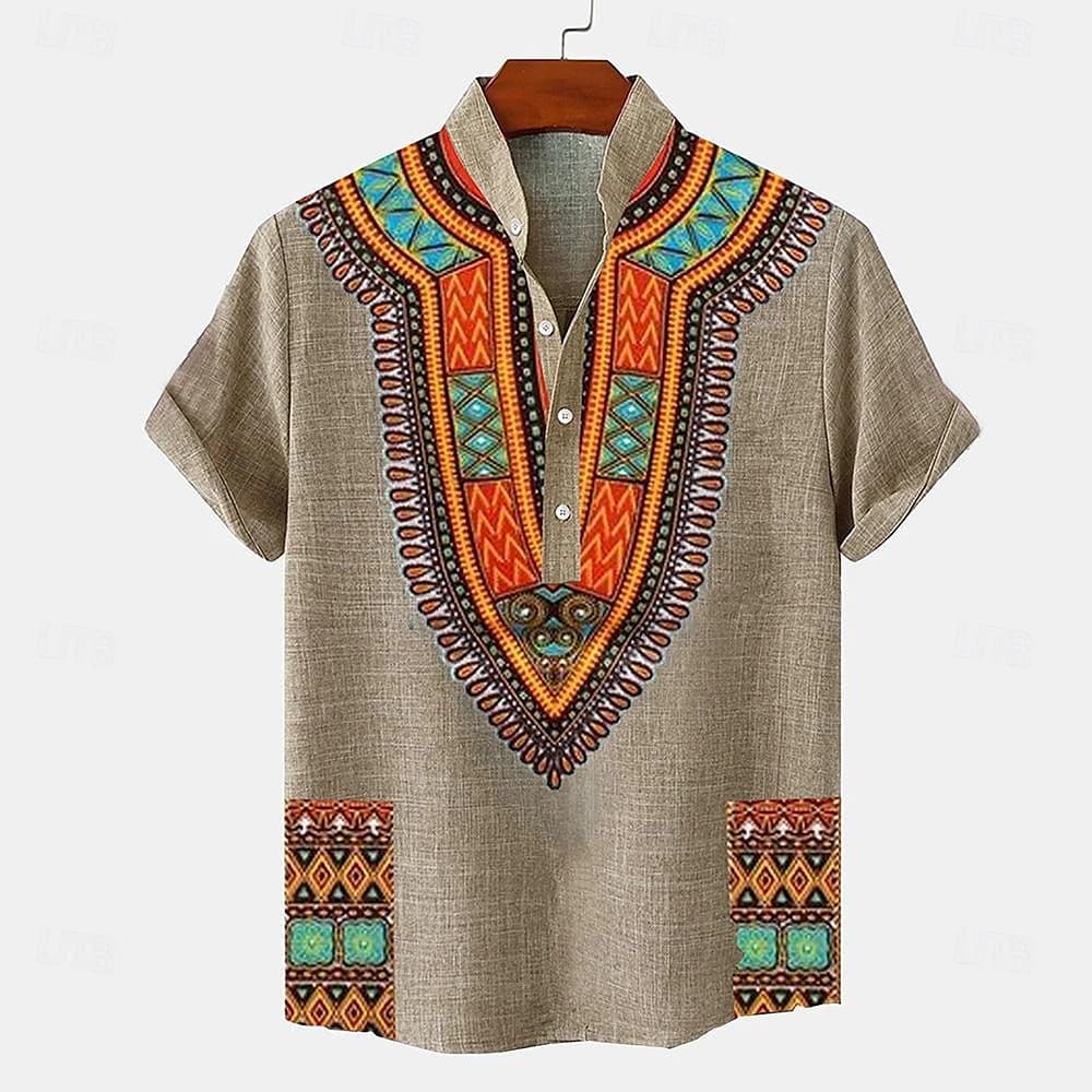 Linen 100% Solid Color Hot Selling Shirt Half Cardigan Button Stand Collar Solid Color Shirt Linen Men's Tops European Size