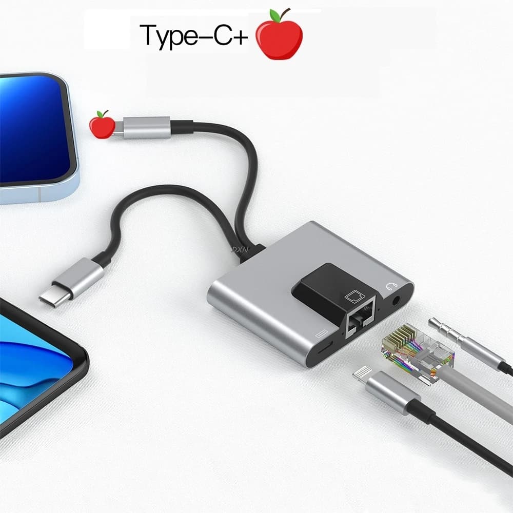 Type-C to 3.5mm RJ45 Hub USB C to Ethernet LAN Network Adapter Audio PD Fast Charging Docking Station For Phone Laptop Tablet