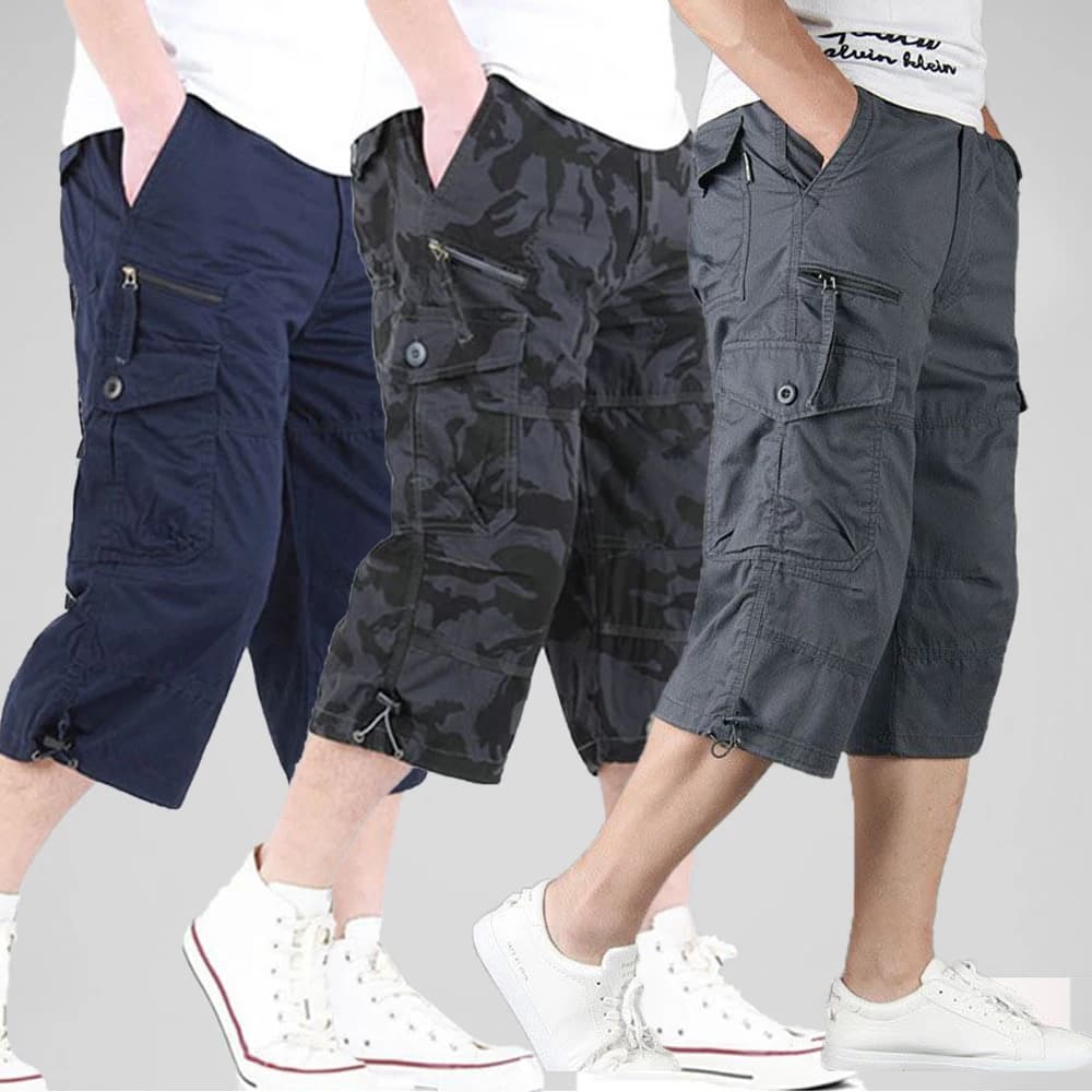 100% Cotton Men's Cargo Shrots Solid Color Loose Casual Pants Elastic Waist Large Size Outdoor Spring Summer Multi Pocket Shorts