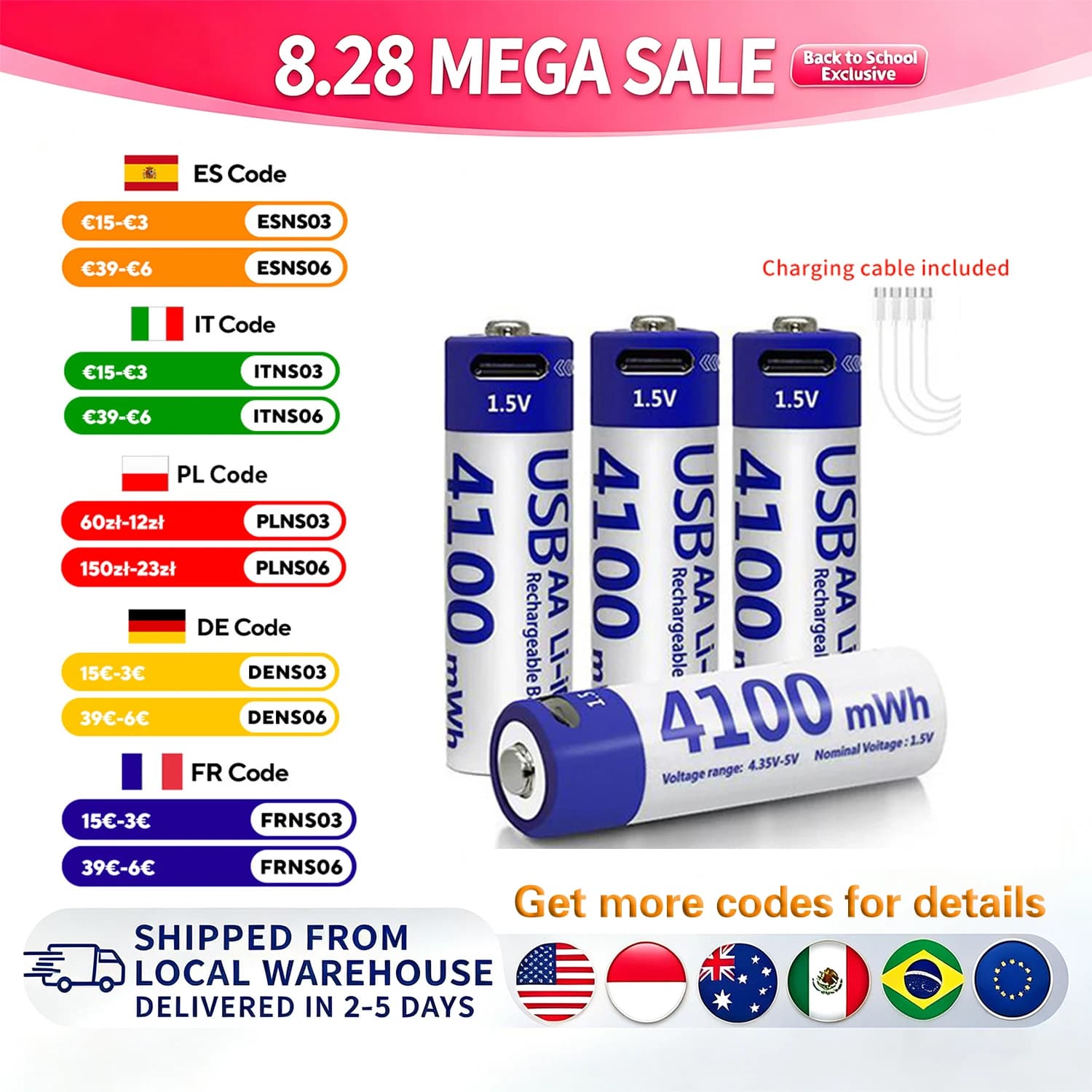 Kuugro AA 1.5V 4100mWh USB Rechargeable Battery Type-C Rechargeable AA Li-ion Battery for Remote Control Smart Door Lock Toys