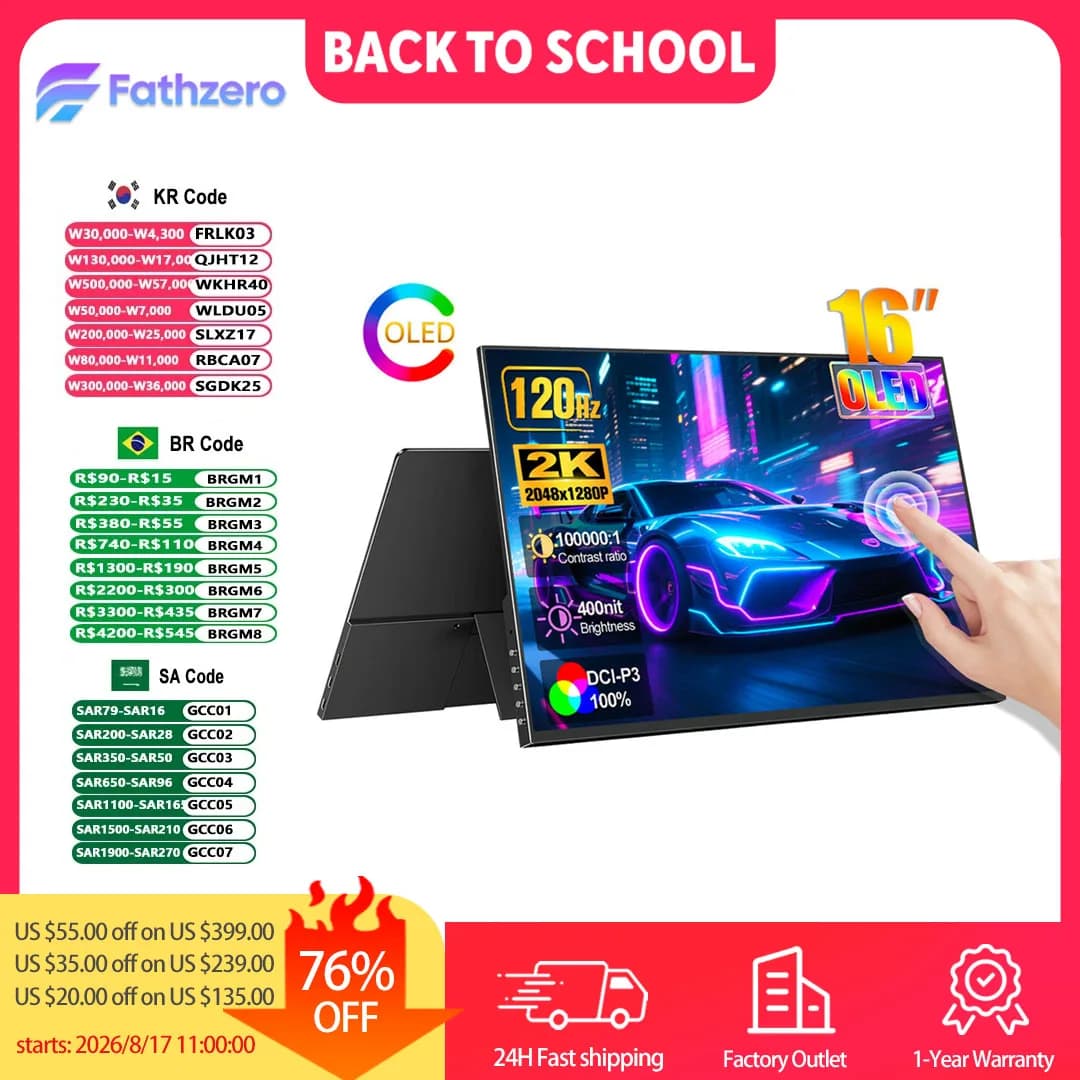 16" 2K 120Hz OLED Gaming Portable Monitor 100% DCI-P3 Touchscreen Display TypeC HDMI For PC Switch Laptop Mac Phone PS5 Xbox