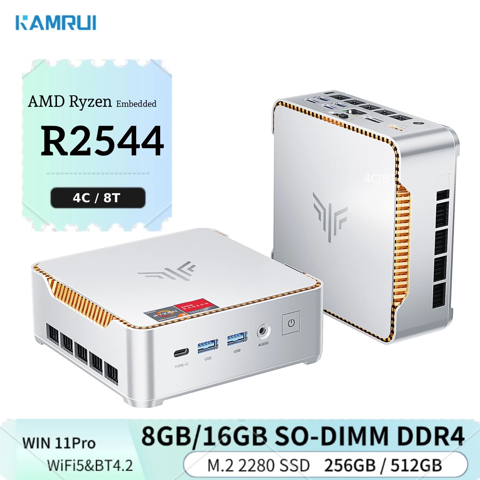 KAMRUI Mini PC 16GB SO-DIMM DDR4 512 M.2 2280 SSD AMD Ryzen R2544 up to 3.7GHz HDMI+DP1.4 Dual 4K UHD WiFi5 Desktop Micro PC