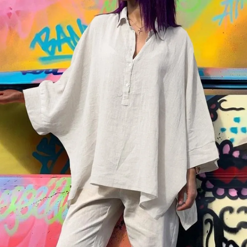 Women's Loose Cotton-Linen Shirt; Fashion Batwing Sleeve Oversized Tops Spring Autumn Casual Solid Color Blouse And Top Female
