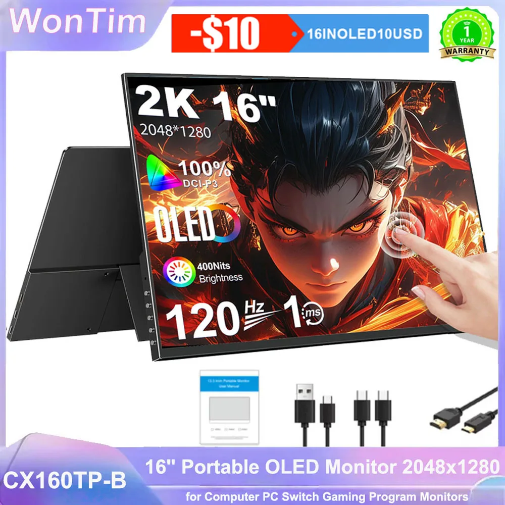 16 Inch OLED Touch Portable Monitor 2K 16:10 100%sRGB 400Cd/m² Second Screen For Laptop With Holder Stand Type-C HDMI-Compatible